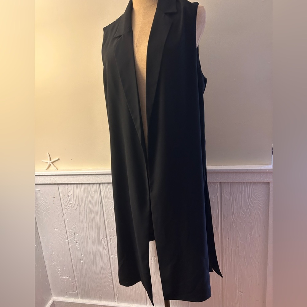 Topshop Long Black Open Front Vest | Faux Leather Trim | NWOT